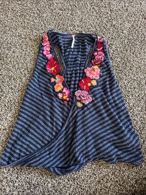 Free People Navy Striped Camisole with Pink & Red Floral Embroidery